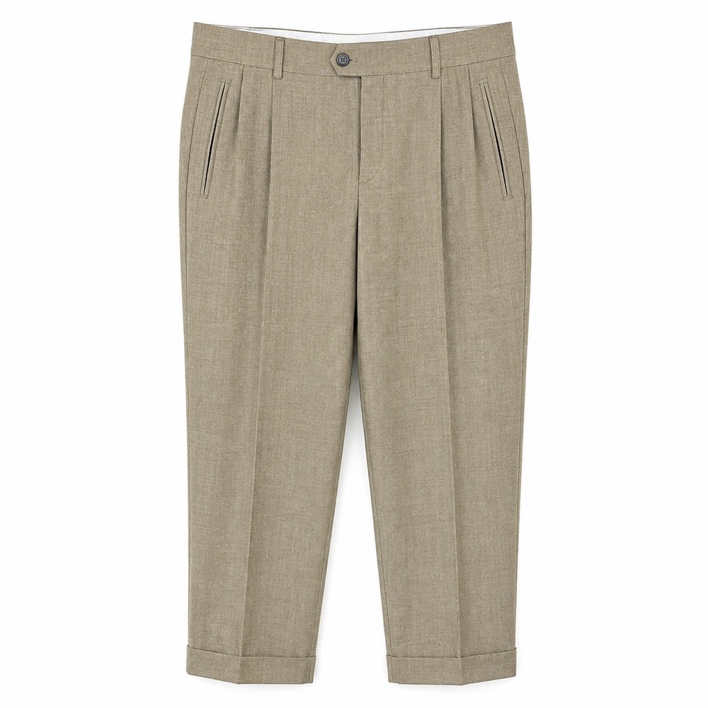Donna Karan Mens Dress Pants 35x28 %100 Wool Italy Pleated Trousers Cuffed Tan